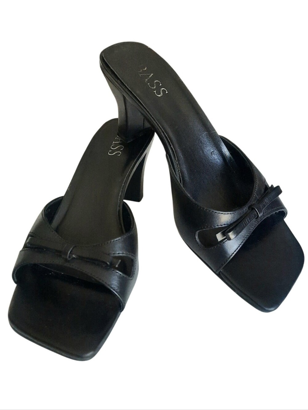 BASS Cindi Black Leather Open-Square Toe Sculpted Heel Bow Front Mules Sz 8.5 M